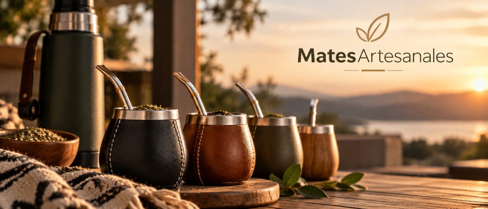 Cuatro mates artesanales sobre una mesa de madera al atardecer