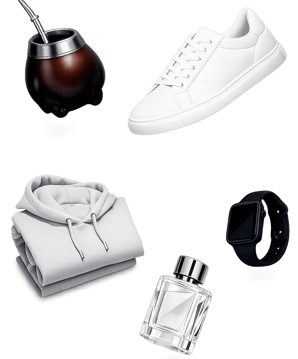 Mate, zapatillas, hoodie, reloj y perfume flotando